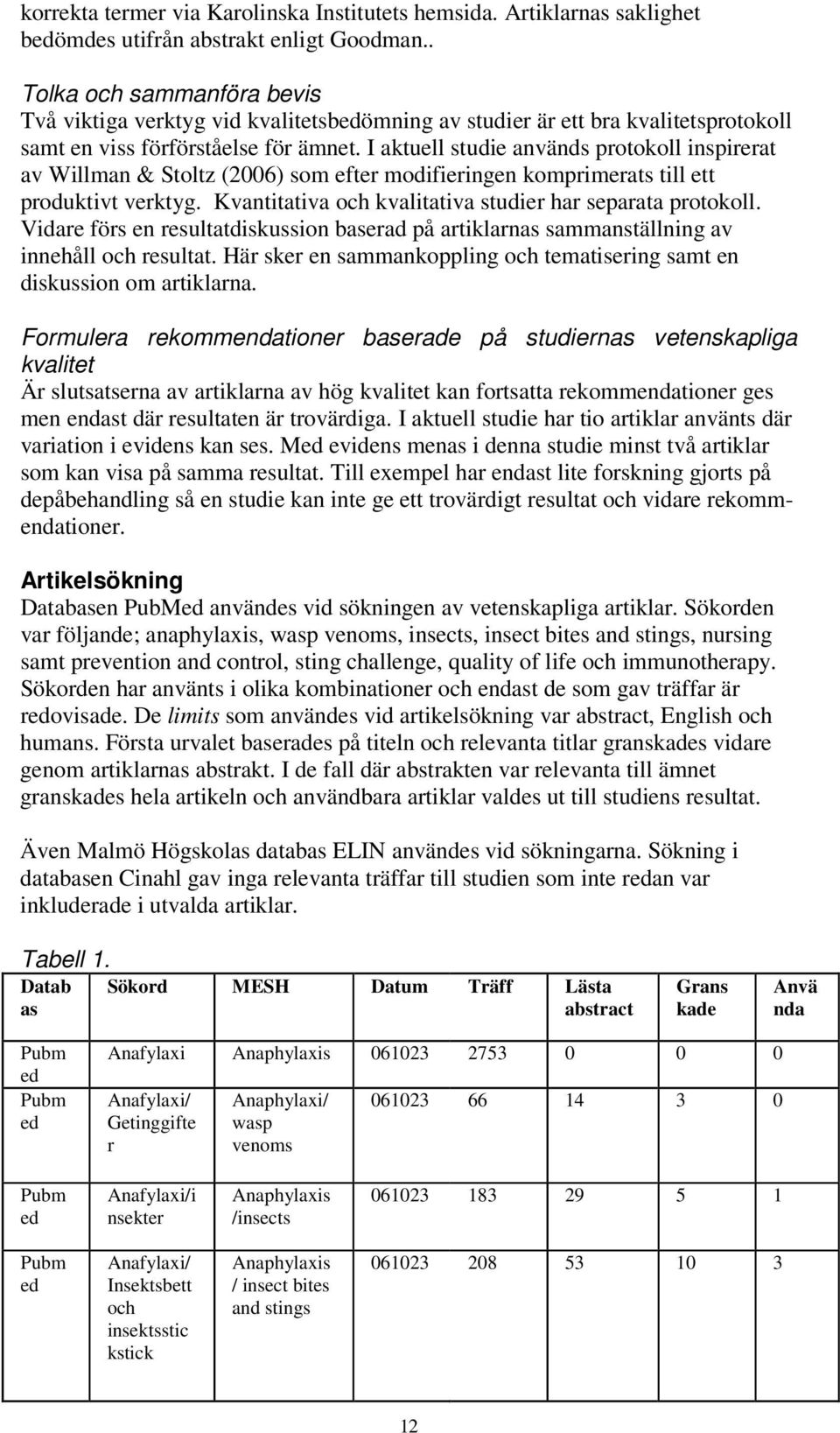 I aktuell studie används protokoll inspirerat av Willman & Stoltz (2006) som efter modifieringen komprimerats till ett produktivt verktyg. Kvantitativa och kvalitativa studier har separata protokoll.