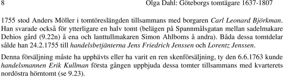 22n) å ena och lanttullmakaren Simon Ahlboms å andra). Båda dessa tomtdelar sålde han 24.2.1755 till handelsbetjänterna Jens Friedrich Jenssen och Lorentz Jenssen.