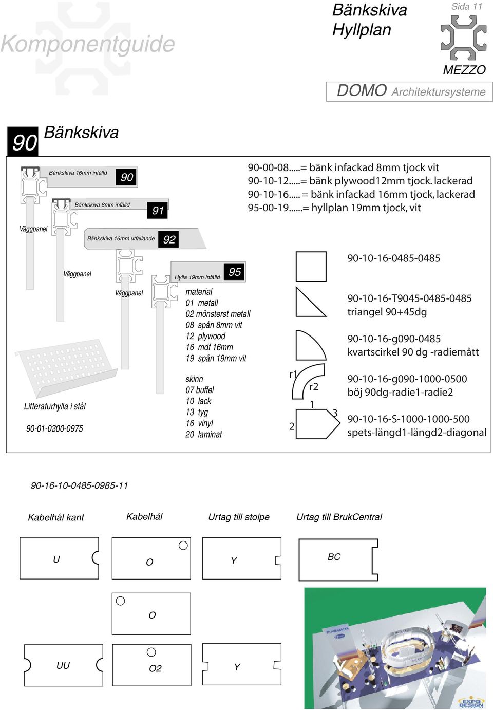 ..= hyllplan 19mm tjock, vit Väggpanel Bänkskiva 16mm utfallande 92 Väggpanel Hylla 19mm infälld 95 90-10-16-085-085 Litteraturhylla i stål 90-01-0300-0975 Väggpanel material 01 metall 02 mönsterst