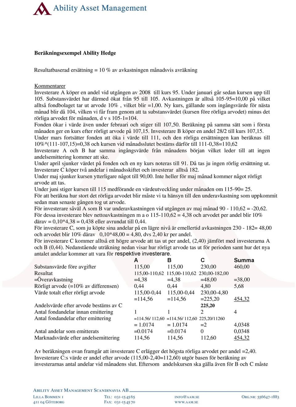 Ny kurs, gällande som ingångsvärde för nästa månad blir då 104, vilken vi får fram genom att ta substansvärdet (kursen före rörliga arvodet) minus det rörliga arvodet för månaden, d v s 105-1=104.