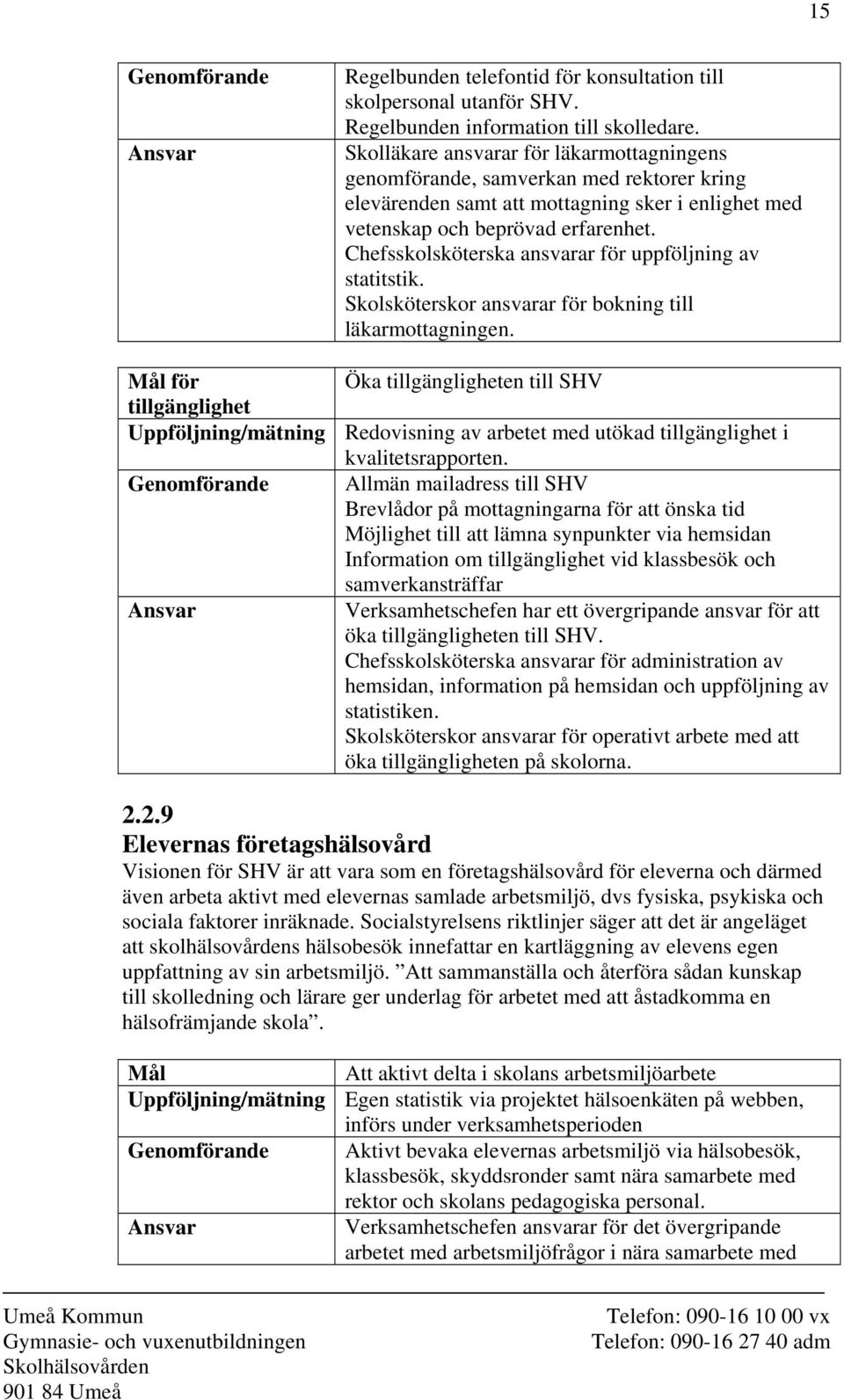 Chefsskolsköterska ansvarar för uppföljning av statitstik. Skolsköterskor ansvarar för bokning till läkarmottagningen.