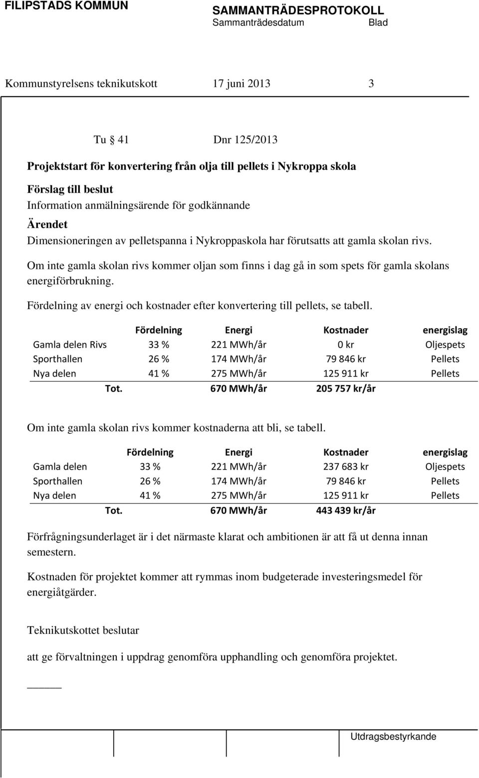 Om inte gamla skolan rivs kommer oljan som finns i dag gå in som spets för gamla skolans energiförbrukning. Fördelning av energi och kostnader efter konvertering till pellets, se tabell.