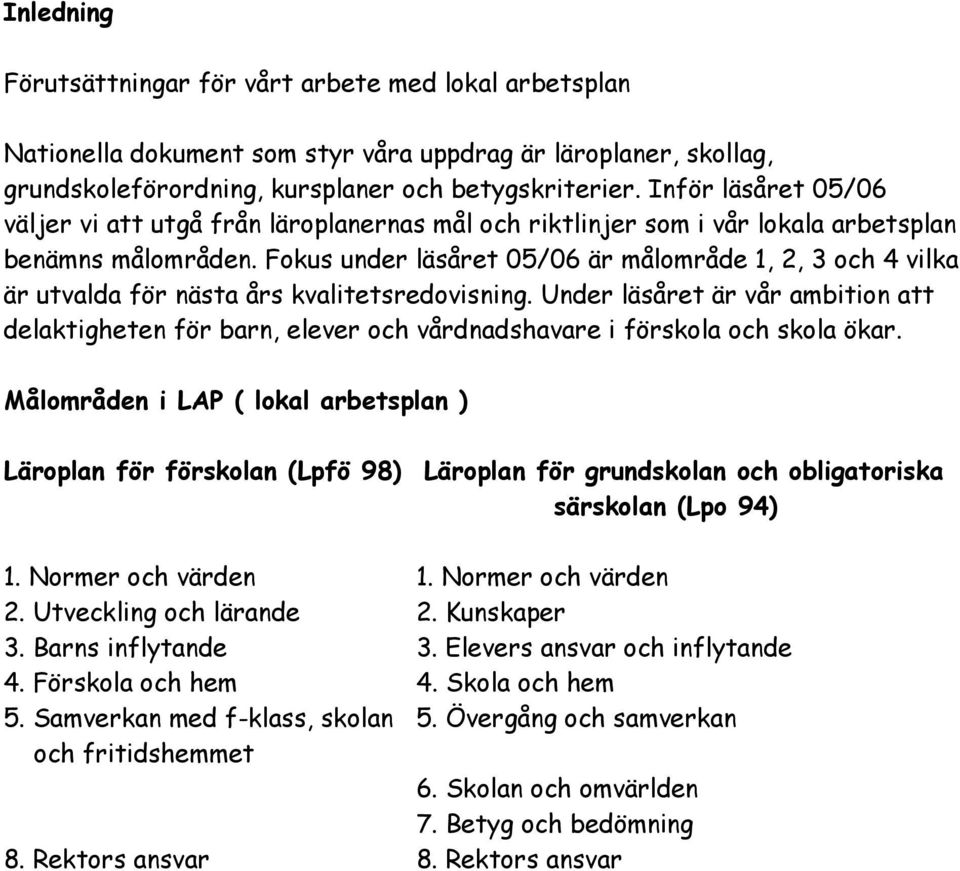 Fokus under läsåret 05/06 är målområde 1, 2, 3 och 4 vilka är utvalda för nästa års kvalitetsredovisning.