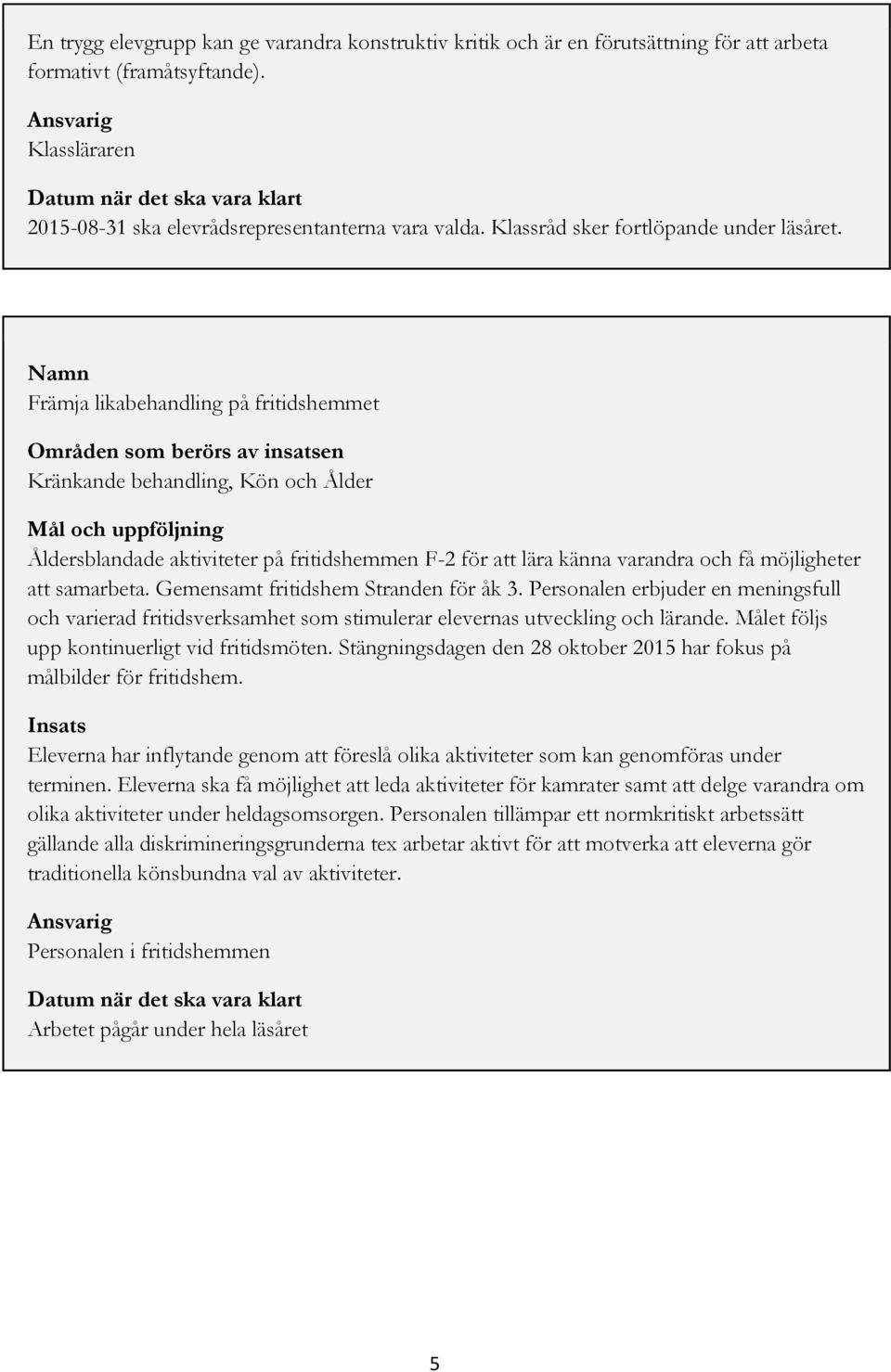 Namn Främja likabehandling på fritidshemmet Områden som berörs av insatsen Kränkande behandling, Kön och Ålder Mål och uppföljning Åldersblandade aktiviteter på fritidshemmen F-2 för att lära känna