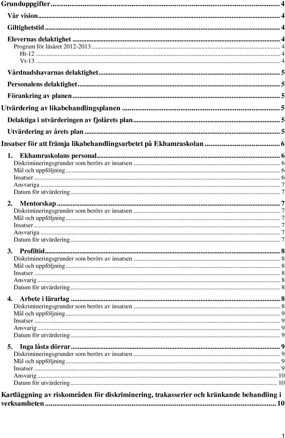 .. 5 Insatser för att främja likabehandlingsarbetet på Ekhamraskolan... 6 1. Ekhamraskolans personal... 6 Diskrimineringsgrunder som berörs av insatsen... 6 Mål och uppföljning... 6 Insatser.