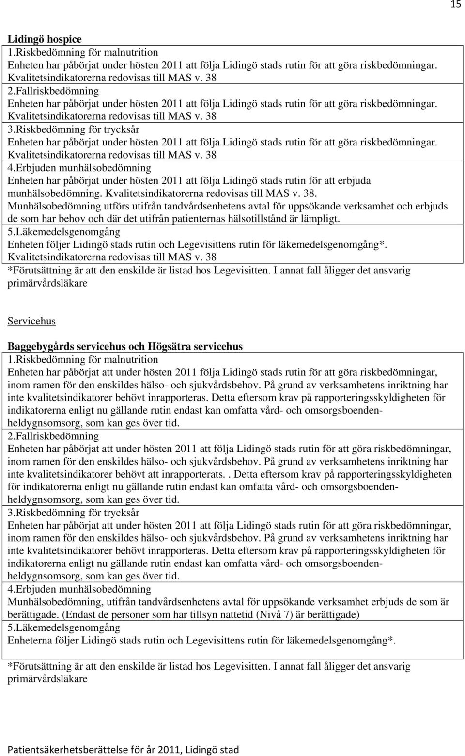 Riskbedömning för trycksår Enheten har påbörjat under hösten 2011 att följa Lidingö stads rutin för att göra riskbedömningar. Kvalitetsindikatorerna redovisas till MAS v. 38 4.