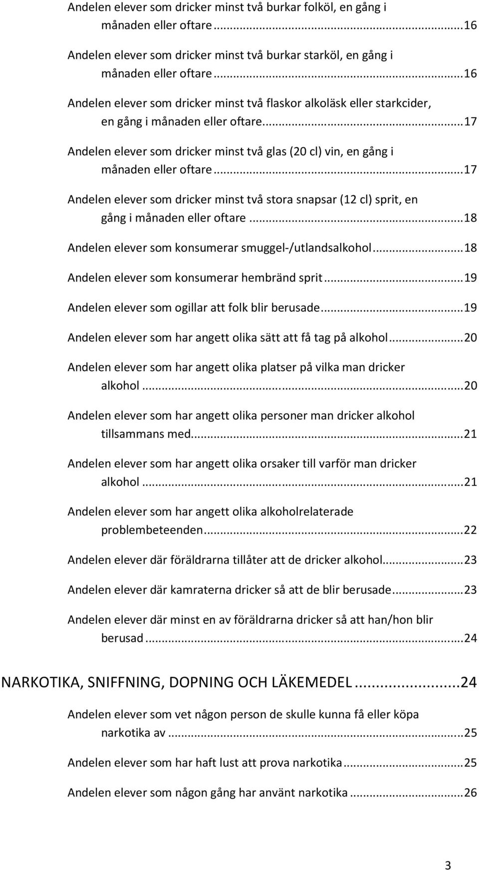 .. 17 Andelen elever som dricker minst två stora snapsar (12 cl) sprit, en gång i månaden eller oftare... 18 Andelen elever som konsumerar smuggel-/utlandsalkohol.