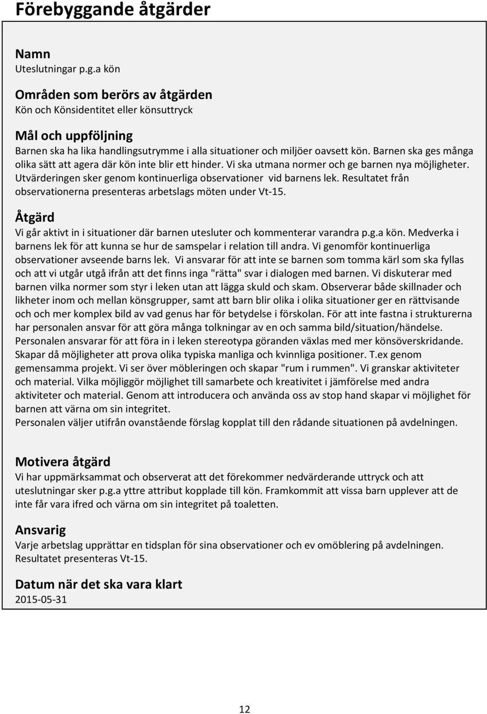 Resultatet från observationerna presenteras arbetslags möten under Vt-15. Åtgärd Vi går aktivt in i situationer där barnen utesluter och kommenterar varandra p.g.a kön.