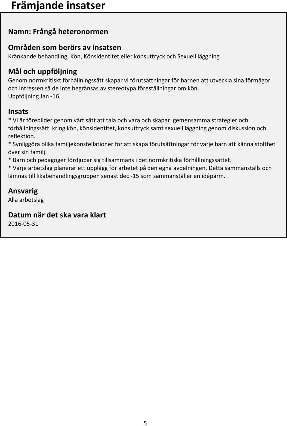 Insats * Vi är förebilder genom vårt sätt att tala och vara och skapar gemensamma strategier och förhållningssätt kring kön, könsidentitet, könsuttryck samt sexuell läggning genom diskussion och
