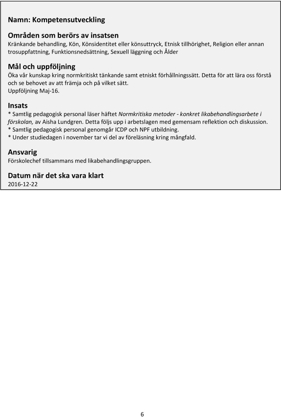 Uppföljning Maj-16. Insats * Samtlig pedagogisk personal läser häftet Normkritiska metoder - konkret likabehandlingsarbete i förskolan, av Aisha Lundgren.