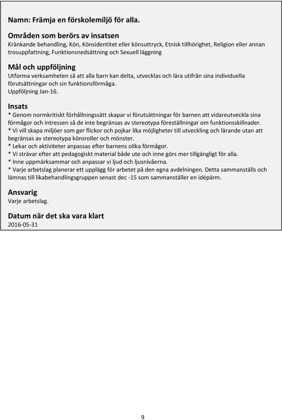 uppföljning Utforma verksamheten så att alla barn kan delta, utvecklas och lära utifrån sina individuella förutsättningar och sin funktionsförmåga. Uppföljning Jan-16.