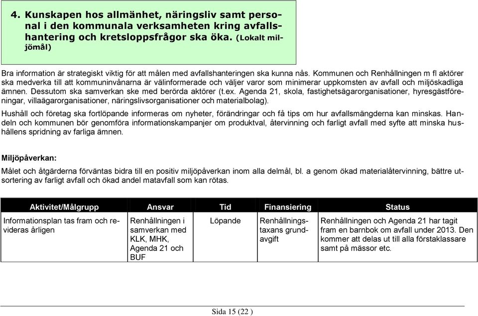 Kommunen och Renhållningen m fl aktörer ska medverka till att kommuninvånarna är välinformerade och väljer varor som minimerar uppkomsten av avfall och miljöskadliga ämnen.