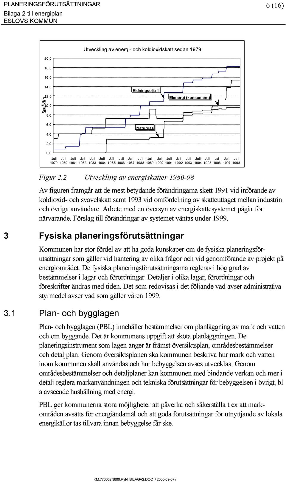 2 Utveckling av energiskatter 1980-98 Av figuren framgår att de mest betydande förändringarna skett 1991 vid införande av koldioxid- och svavelskatt samt 1993 vid omfördelning av skatteuttaget mellan