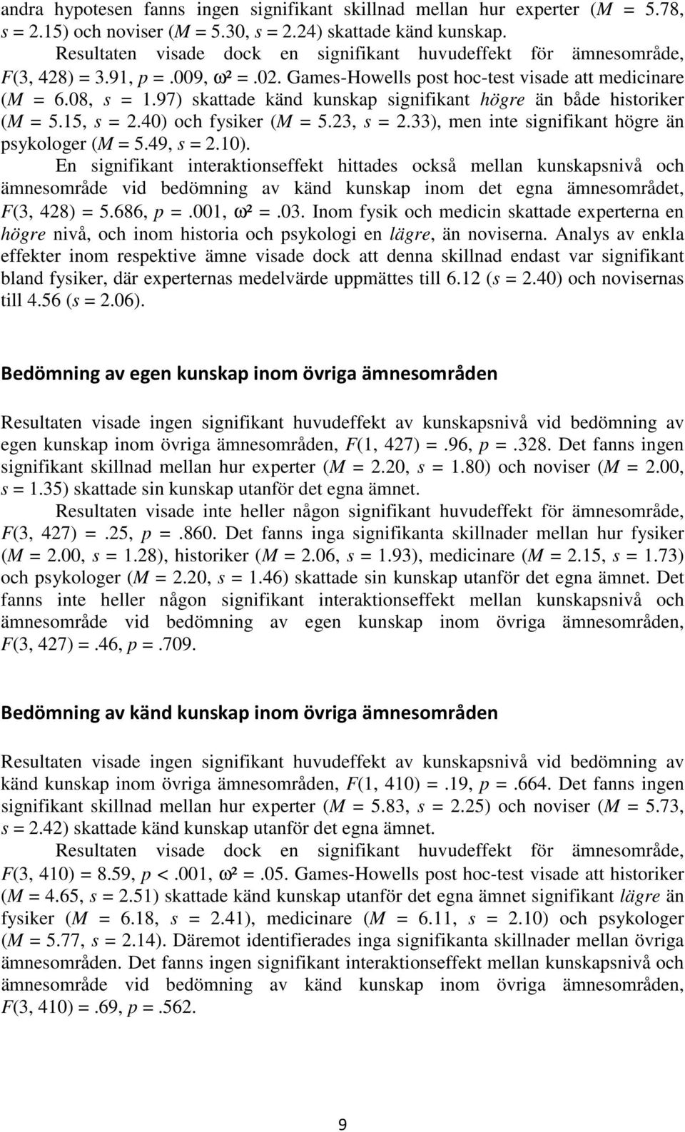 97) skattade känd kunskap signifikant högre än både historiker (M = 5.15, s = 2.40) och fysiker (M = 5.23, s = 2.33), men inte signifikant högre än psykologer (M = 5.49, s = 2.10).