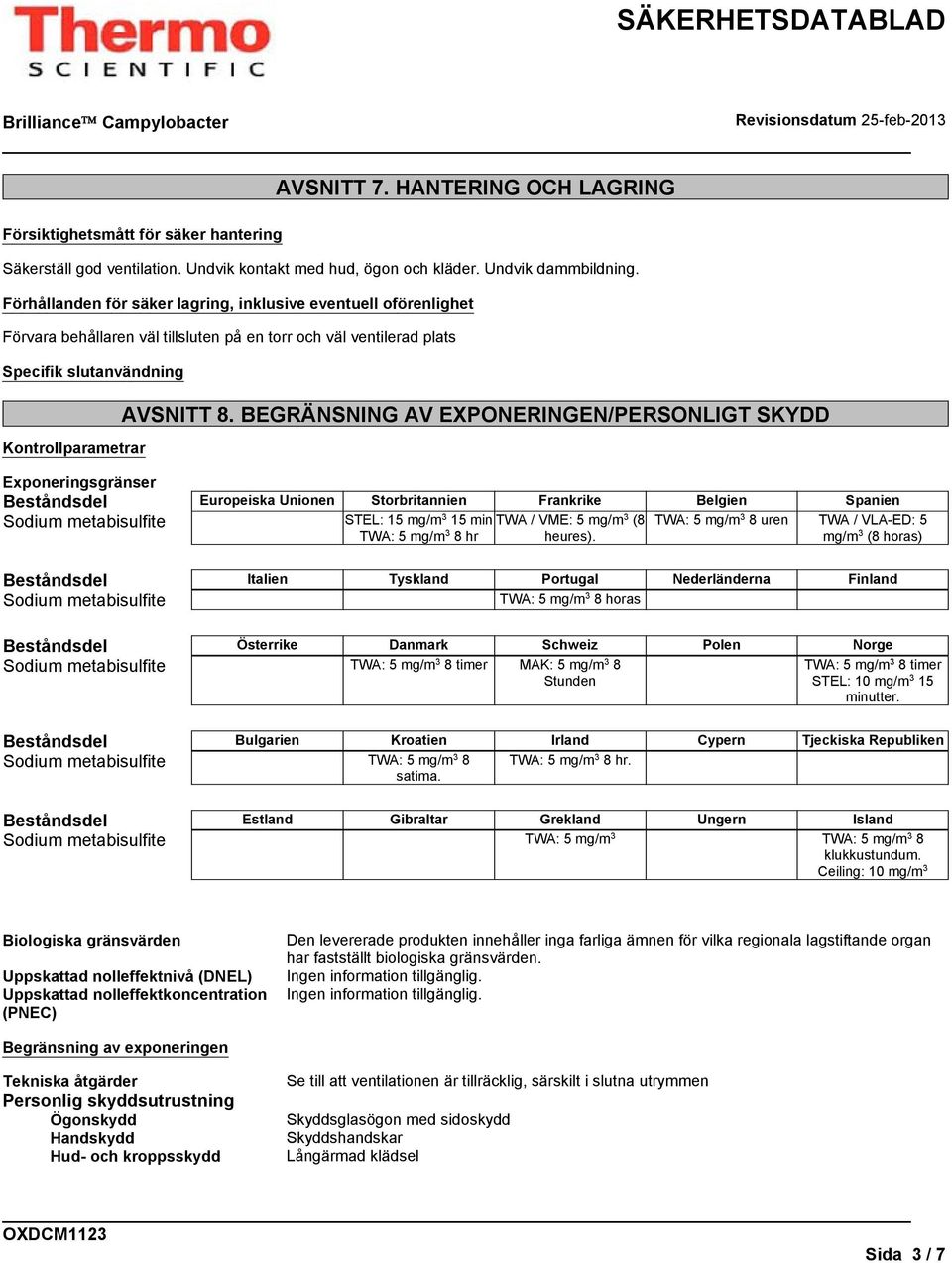 BEGRÄNSNING AV EXPONERINGEN/PERSONLIGT SKYDD Exponeringsgränser Beståndsdel Europeiska Unionen Storbritannien Frankrike Belgien Spanien Sodium metabisulfite STEL: 15 mg/m 3 15 min TWA / VME: 5 mg/m 3