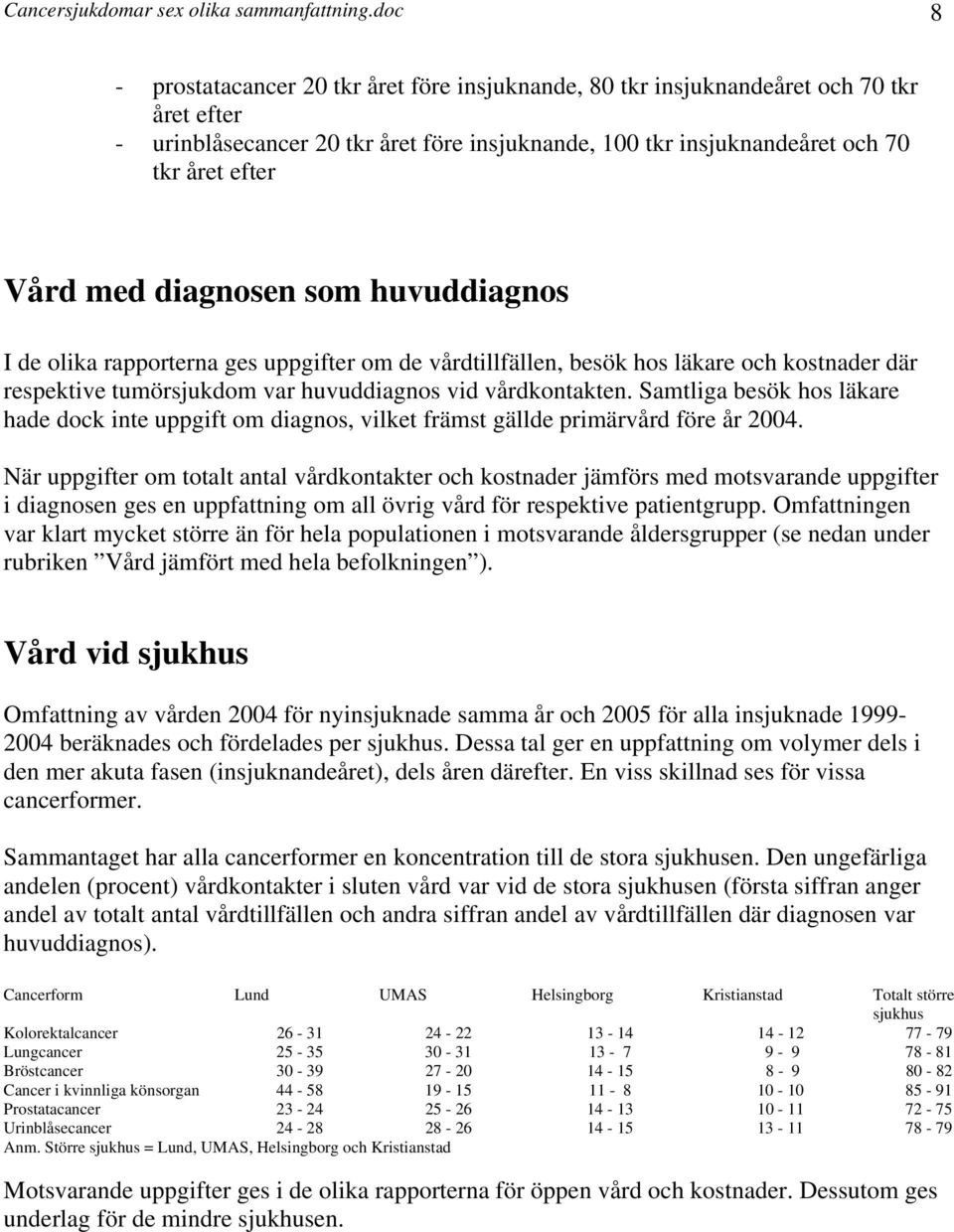 med diagnosen som huvuddiagnos I de olika rapporterna ges uppgifter om de vårdtillfällen, besök hos läkare och kostnader där respektive tumörsjukdom var huvuddiagnos vid vårdkontakten.