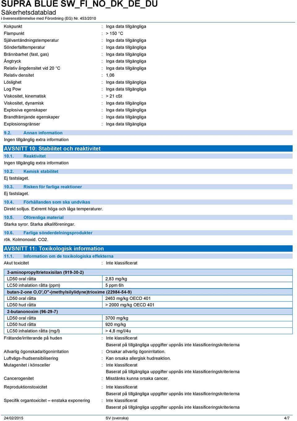 3. Risken för farliga reaktioner 10.4. Förhållanden som ska undvikas Direkt solljus. Extremt höga och låga temperaturer. 10.5. Oförenliga material Starka syror. Starka alkaliföreningar. 10.6.