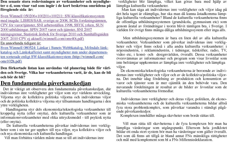 SPIN 2007 varor och tjänster, SNI 2007 näringsgrenar, Statistisk årsbok för Sverige 2010 och Samhällsguiden 2007. 2010 CPV ej aktuell.(wimnell.com/omr40t.