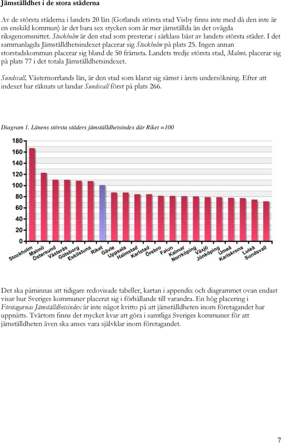 Ingen annan storstadskommun placerar sig bland de 50 främsta. Landets tredje största stad, Malmö, placerar sig på plats 77 i det totala Jämställdhetsindexet.