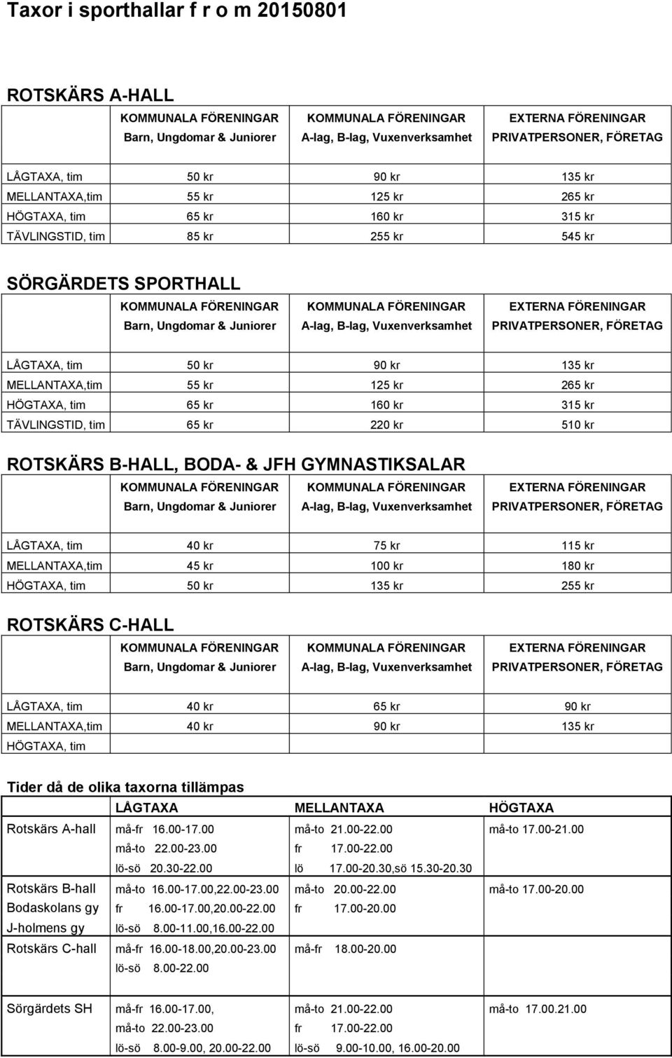 GYMNASTIKSALAR LÅGTAXA, tim 40 kr 75 kr 115 kr MELLANTAXA,tim 45 kr 100 kr 180 kr HÖGTAXA, tim 50 kr 135 kr 255 kr ROTSKÄRS C-HALL LÅGTAXA, tim 40 kr 65 kr 90 kr MELLANTAXA,tim 40 kr 90 kr 135 kr