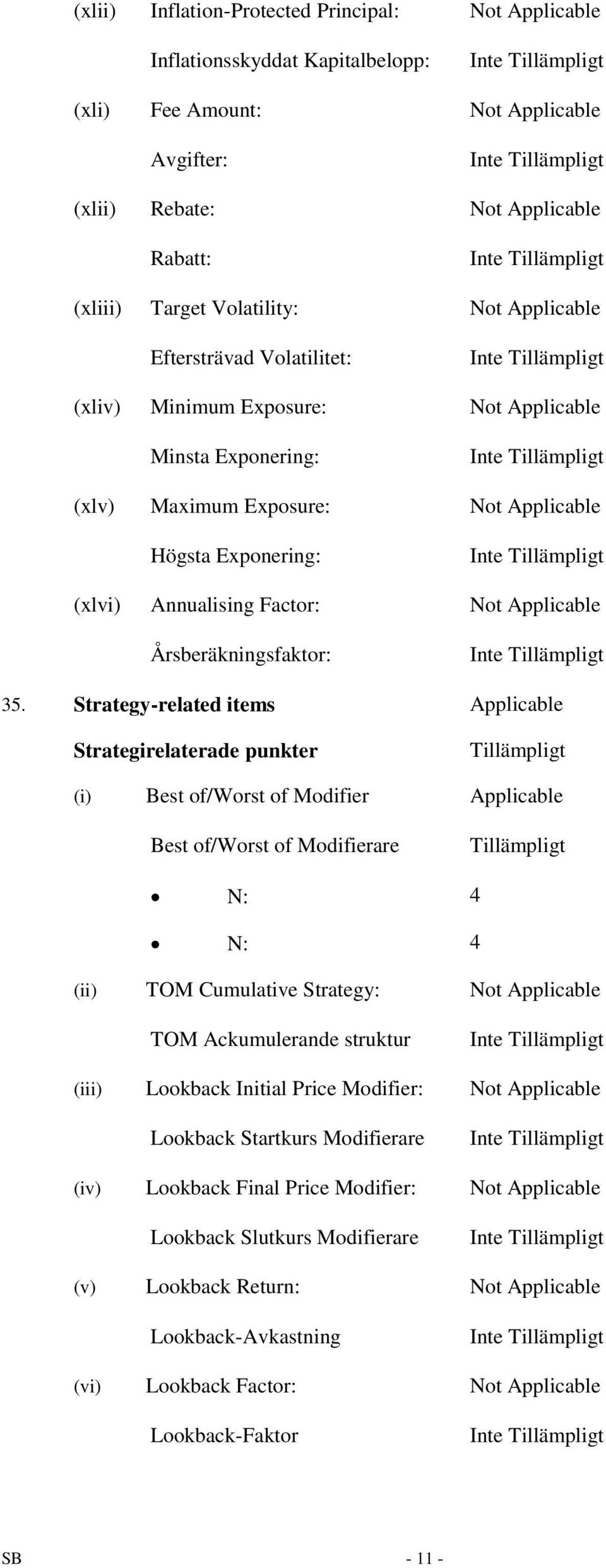 Strategy-related items Applicable Strategirelaterade punkter Tillämpligt (i) Best of/worst of Modifier Applicable Best of/worst of Modifierare Tillämpligt N: 4 N: 4 (ii) TOM Cumulative