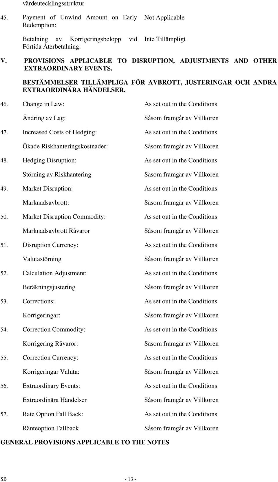 Change in Law: As set out in the Conditions Ändring av Lag: 47. Increased Costs of Hedging: As set out in the Conditions Ökade Riskhanteringskostnader: 48.