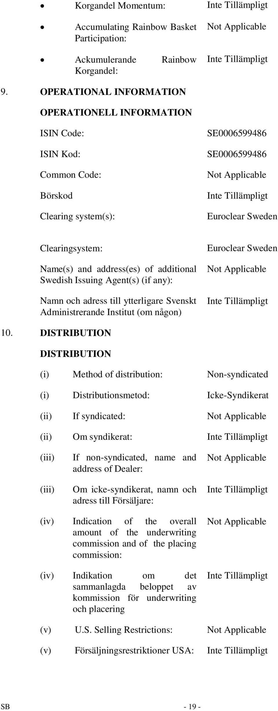 additional Swedish Issuing Agent(s) (if any): Namn och adress till ytterligare Svenskt Administrerande Institut (om någon) Euroclear Sweden 10.