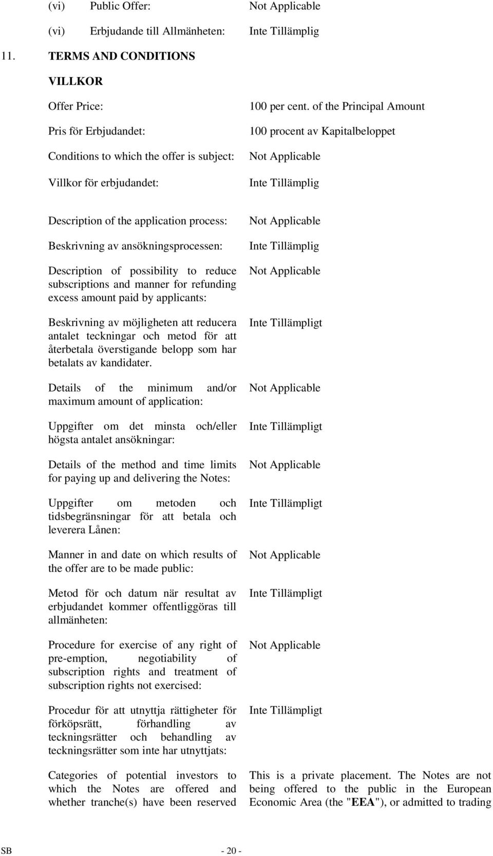 of the Principal Amount 100 procent av Kapitalbeloppet Inte Tillämplig Description of the application process: Beskrivning av ansökningsprocessen: Description of possibility to reduce subscriptions