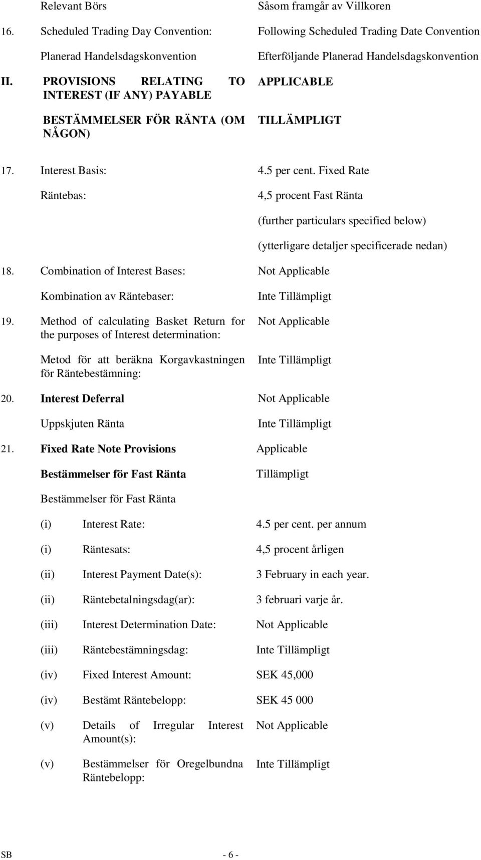 Fixed Rate Räntebas: 4,5 procent Fast Ränta 18. Combination of Interest Bases: (further particulars specified below) (ytterligare detaljer specificerade nedan) Kombination av Räntebaser: 19.