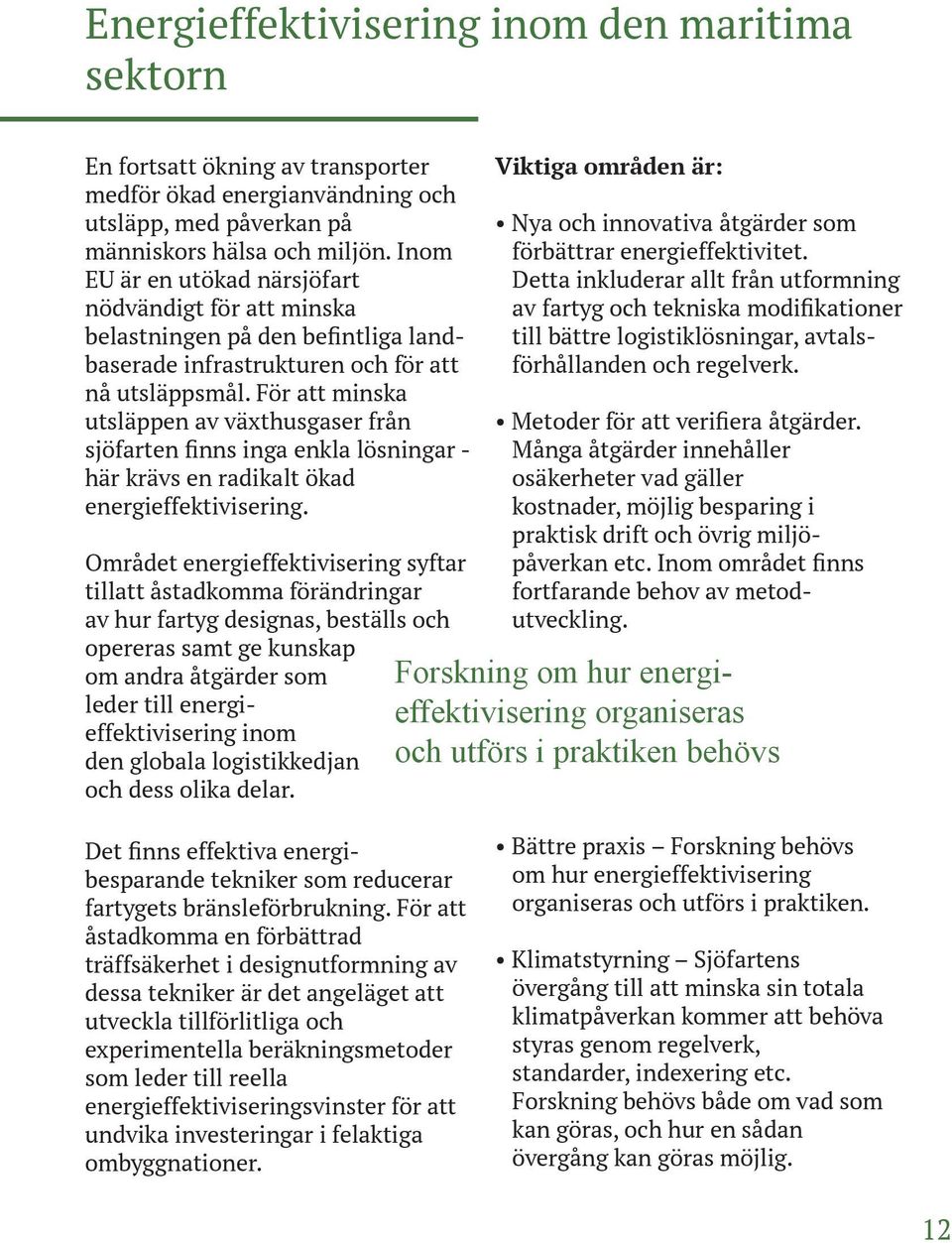 För att minska utsläppen av växthusgaser från sjöfarten finns inga enkla lösningar - här krävs en radikalt ökad energieffektivisering.