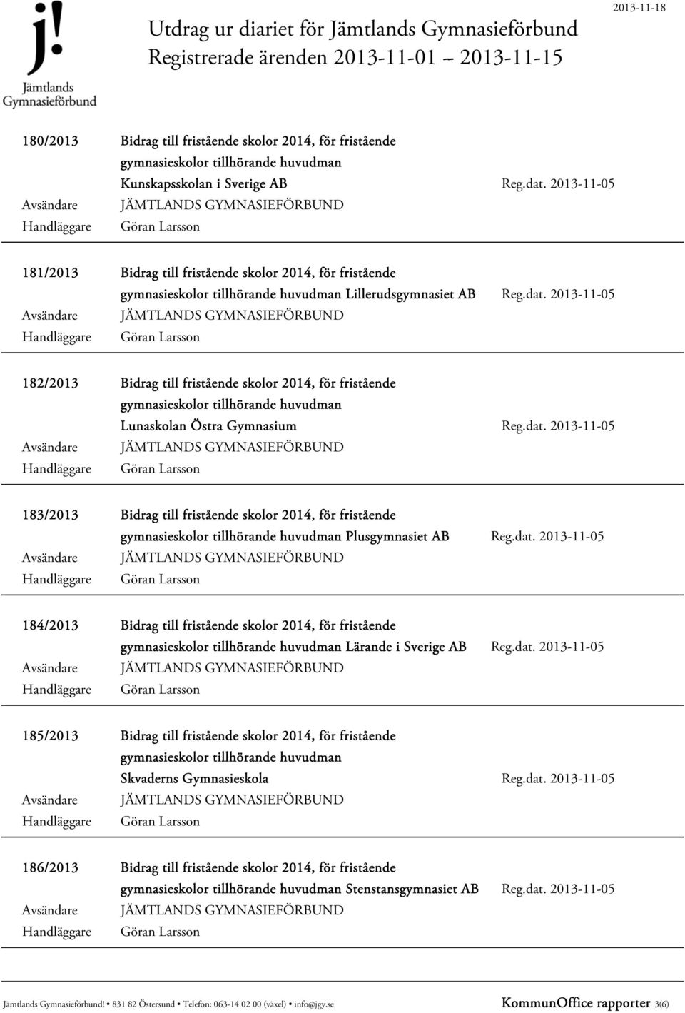 dat. 2013-11-05 185/2013 Bidrag till fristående skolor 2014, för fristående Skvaderns Gymnasieskola Reg.dat. 2013-11-05 186/2013 Bidrag till fristående skolor 2014, för fristående Stenstansgymnasiet AB Reg.