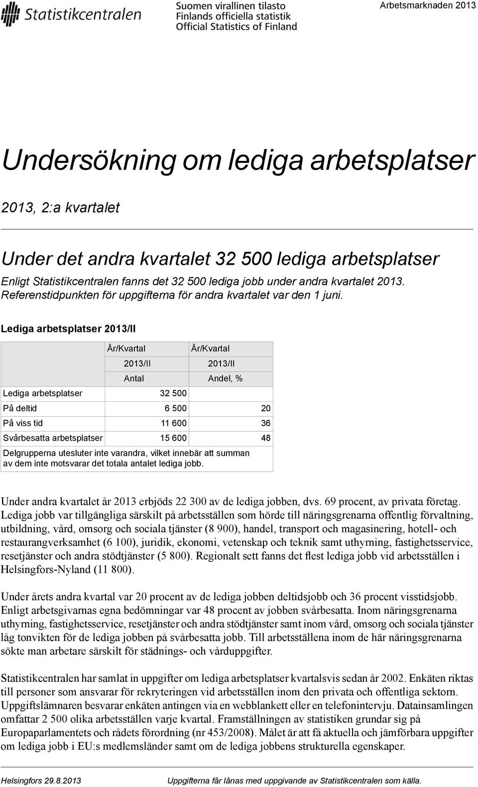 Lediga arbetsplatser Lediga arbetsplatser På deltid På viss tid Svårbesatta arbetsplatser Antal 6 500 11 600 15 600 Andel, % Delgrupperna utesluter inte varandra, vilket innebär att summan av dem