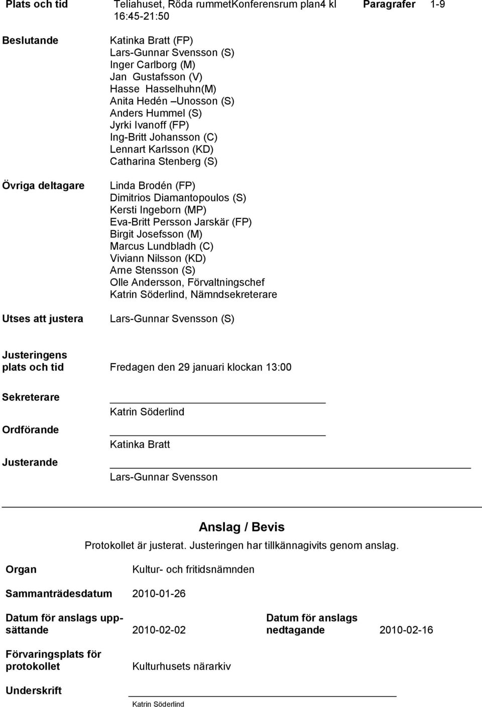 Kersti Ingeborn (MP) Eva-Britt Persson Jarskär (FP) Birgit Josefsson (M) Marcus Lundbladh (C) Viviann Nilsson (KD) Arne Stensson (S) Olle Andersson, Förvaltningschef Katrin Söderlind,