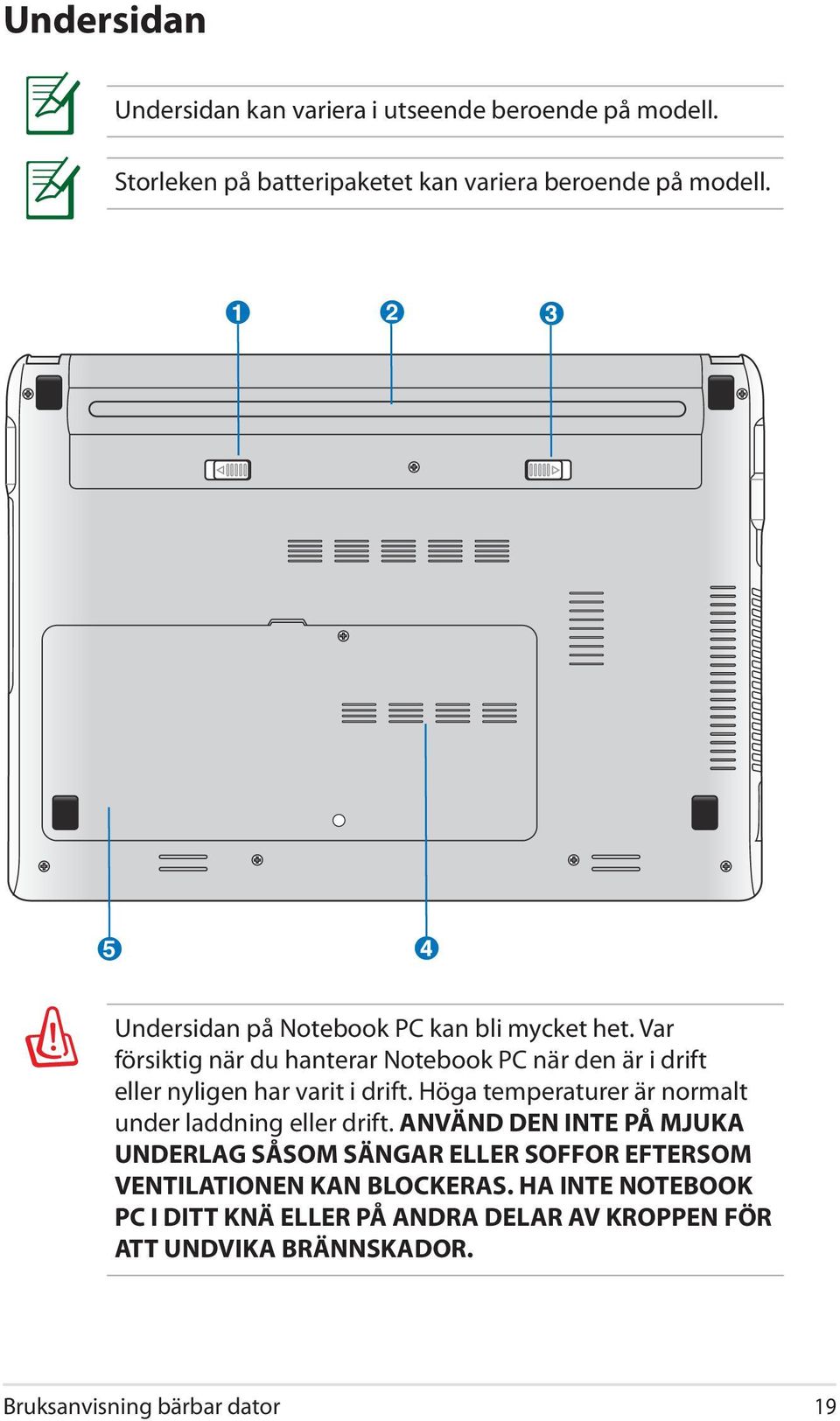 Var försiktig när du hanterar Notebook PC när den är i drift eller nyligen har varit i drift.