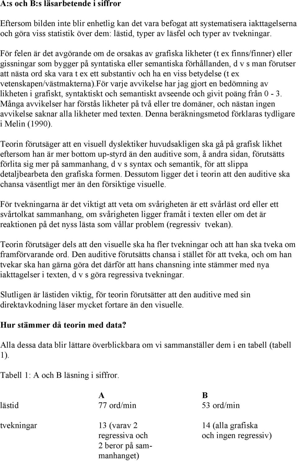 För felen är det avgörande om de orsakas av grafiska likheter (t ex finns/finner) eller gissningar som bygger på syntatiska eller semantiska förhållanden, d v s man förutser att nästa ord ska vara t