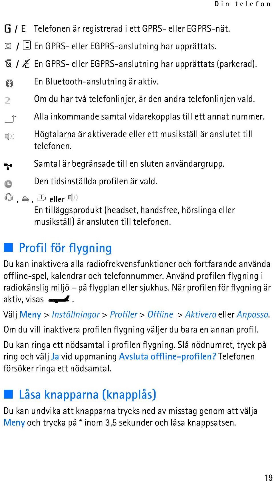 Högtalarna är aktiverade eller ett musikställ är anslutet till telefonen. Samtal är begränsade till en sluten användargrupp. Den tidsinställda profilen är vald.