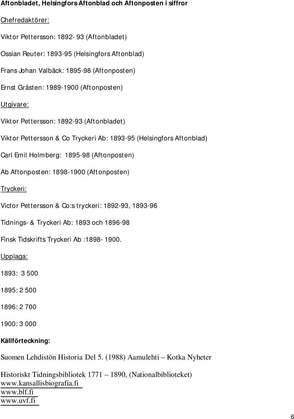 (Aftonposten) Ab Aftonposten: 1898-1900 (Aftonposten) Tryckeri: Victor Pettersson & Co:s tryckeri: 1892-93, 1893-96 Tidnings- & Tryckeri Ab: 1893 och 1896-98 Finsk Tidskrifts Tryckeri Ab :1898-1900.