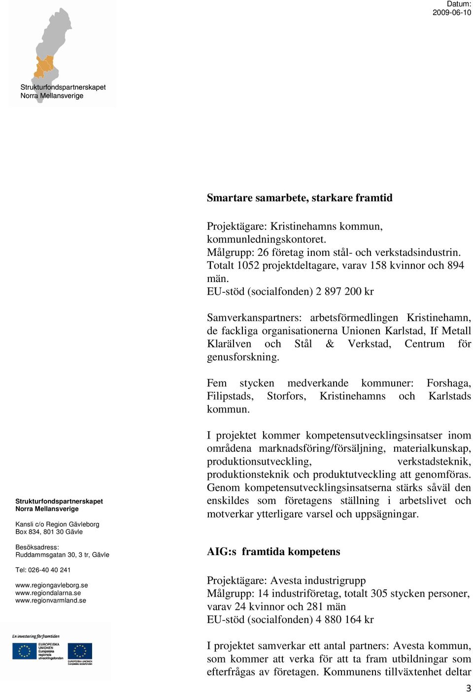 EU-stöd (socialfonden) 2 897 200 kr Samverkanspartners: arbetsförmedlingen Kristinehamn, de fackliga organisationerna Unionen Karlstad, If Metall Klarälven och Stål & Verkstad, Centrum för