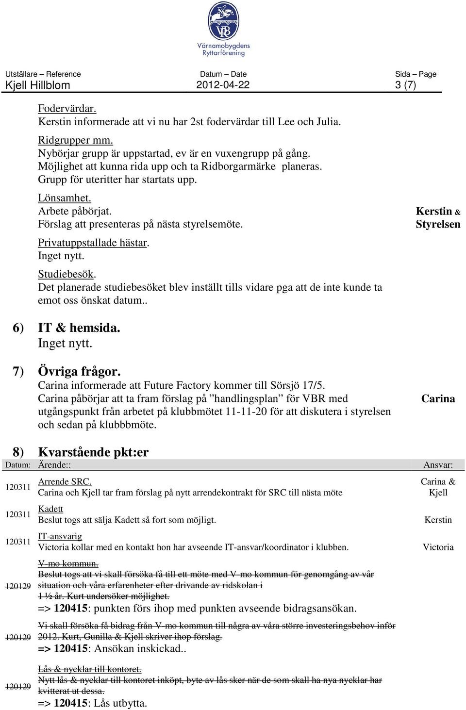 Inget nytt. Studiebesök. Det planerade studiebesöket blev inställt tills vidare pga att de inte kunde ta emot oss önskat datum.. & Styrelsen 6) IT & hemsida. Inget nytt. 7) Övriga frågor.