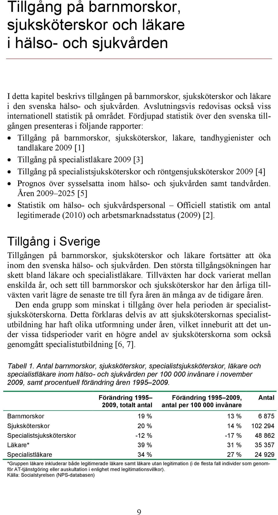 Fördjupad statistik över den svenska tillgången presenteras i följande rapporter: Tillgång på barnmorskor, sjuksköterskor, läkare, tandhygienister och tandläkare 2009 [1] Tillgång på specialistläkare