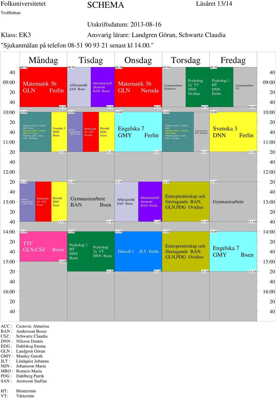 Retorik EDG 11: 13: Psykologi 2a VT 15: Matematik 3b GLN Neruda Ferlin 12: Affärsjuridik SAN Filosofi 1 11: Internationell ekonomi BAN Ferlin 13: JLT Ferlin 15: Moderna språk 2, franska MJN Moderna