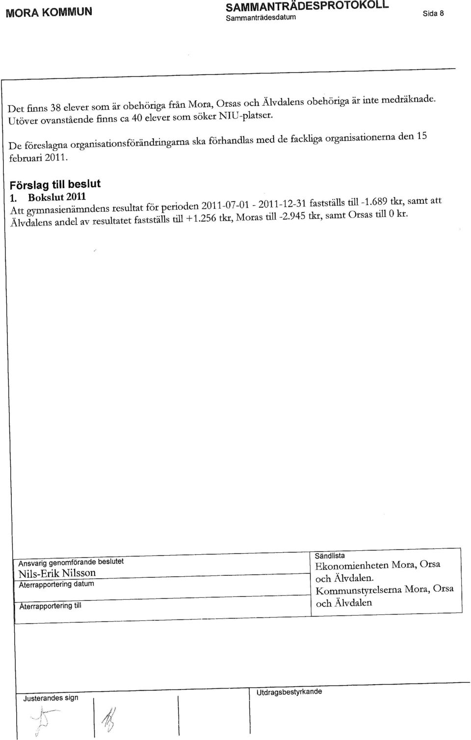 Förslag till beslut Att ItSSSldens resultat för pertoden -07-01 - -12-31 faststalls tiu -1.689 tkr, samt att Ä n s andel av resultatet fastställs ull +1.