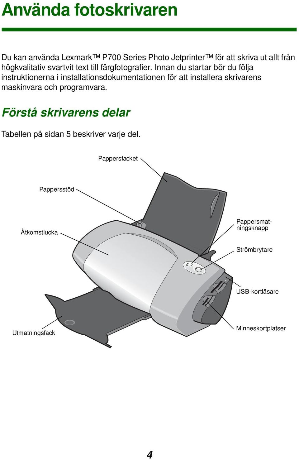 Innan du startar bör du följa instruktionerna i installationsdokumentationen för att installera skrivarens maskinvara