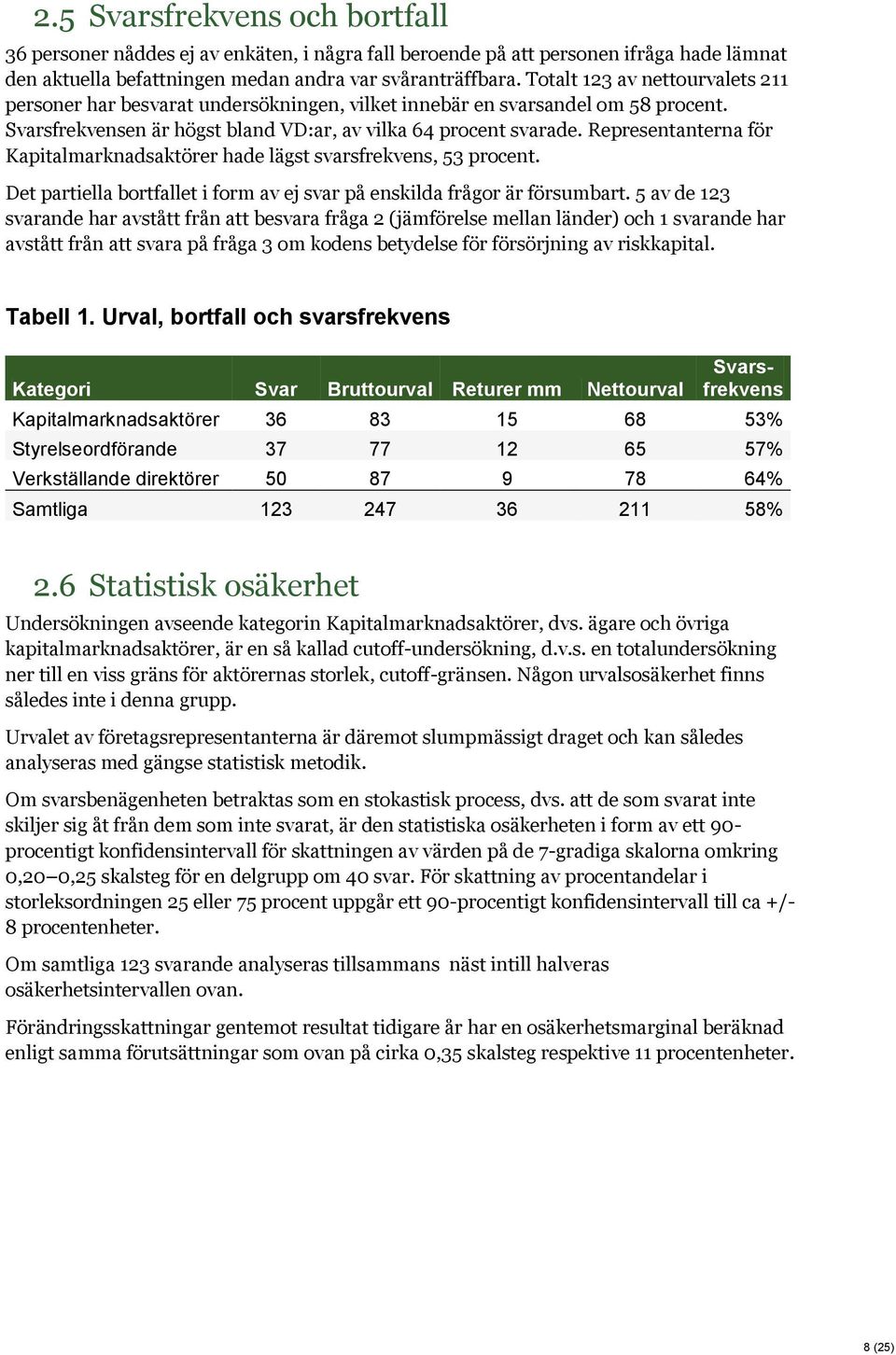 Representanterna för Kapitalmarknadsaktörer hade lägst svarsfrekvens, 53 procent. Det partiella bortfallet i form av ej svar på enskilda frågor är försumbart.