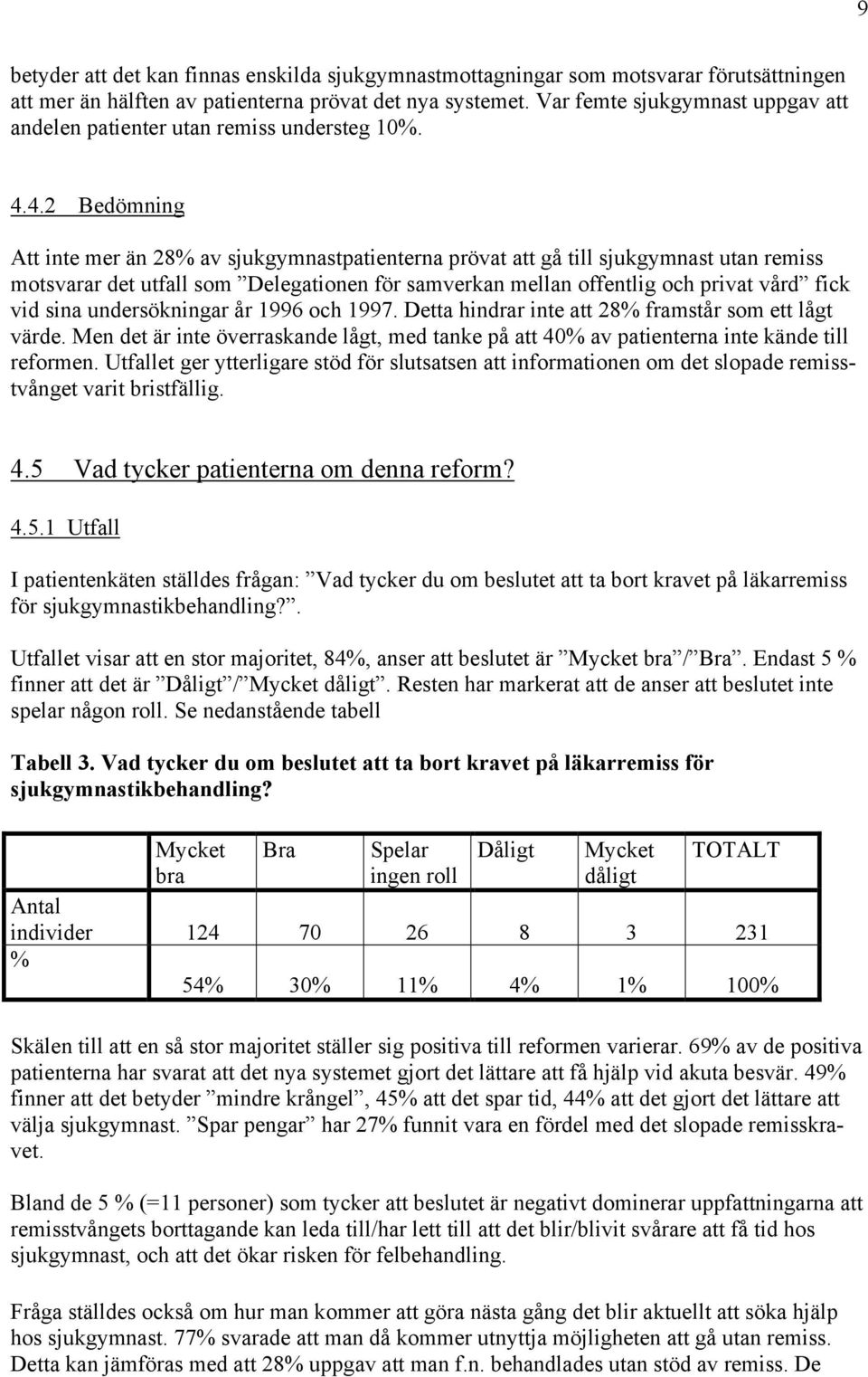 4.2 Bedömning Att inte mer än 28% av sjukgymnastpatienterna prövat att gå till sjukgymnast utan remiss motsvarar det utfall som Delegationen för samverkan mellan offentlig och privat vård fick vid