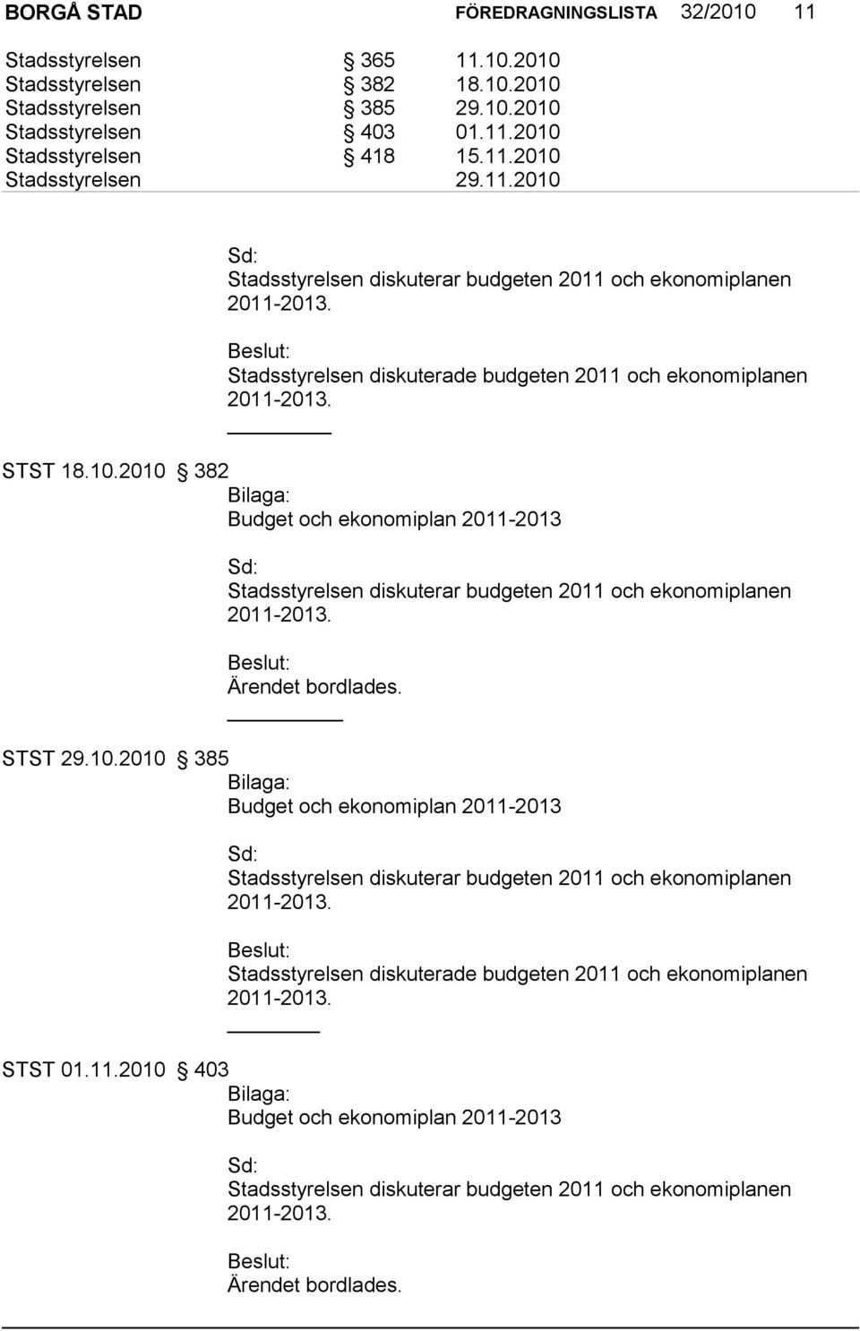 Beslut: Ärendet bordlades. STST 29.10.2010 385 Bilaga: Budget och ekonomiplan 2011-2013 Sd: Stadsstyrelsen diskuterar budgeten 2011 och ekonomiplanen 2011-2013.