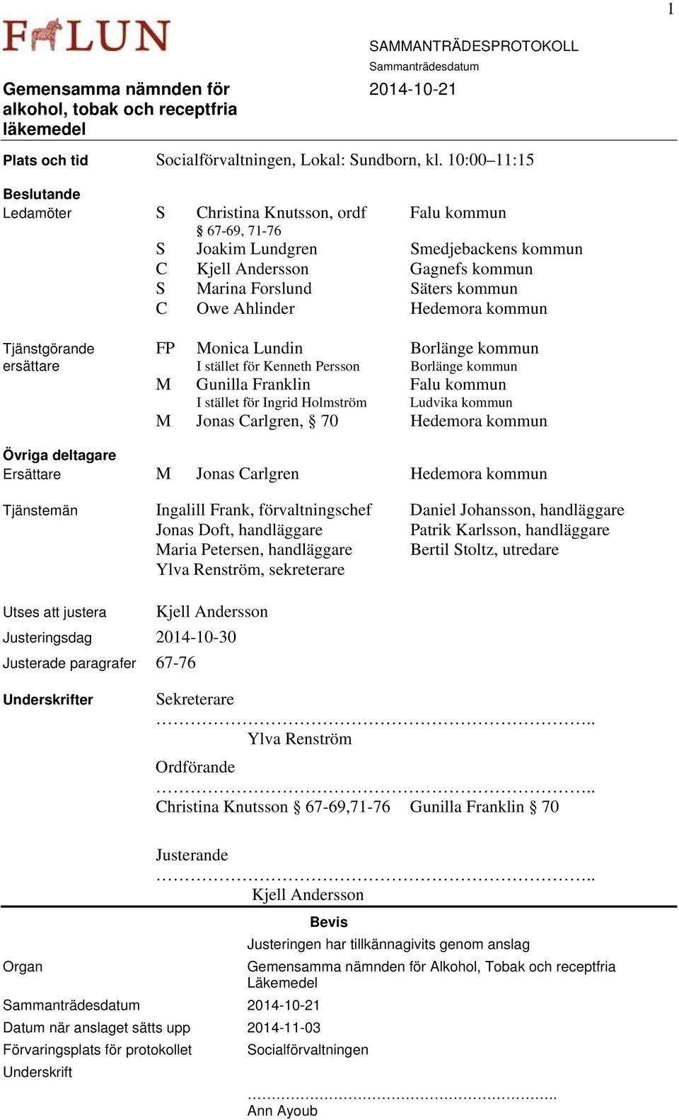 Hedemora kommun Tjänstgörande FP Monica Lundin Borlänge kommun ersättare I stället för Kenneth Persson Borlänge kommun M Gunilla Franklin Falu kommun I stället för Ingrid Holmström Ludvika kommun M