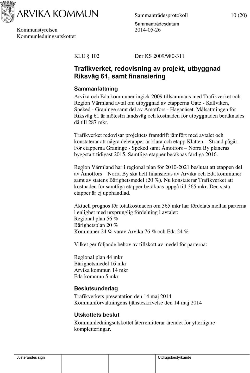 Målsättningen för Riksväg 61 är mötesfri landsväg och kostnaden för utbyggnaden beräknades då till 287 mkr.