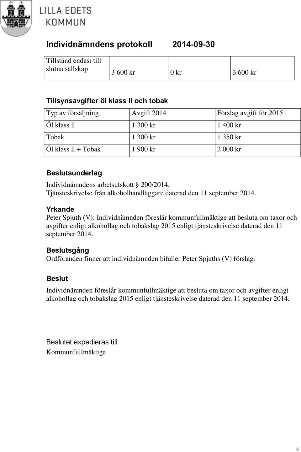 Yrkande Peter Spjuth (V): Individnämnden föreslår kommunfullmäktige att besluta om taxor och avgifter enligt alkohollag och tobakslag 2015 enligt tjänsteskrivelse daterad den 11 september 2014.