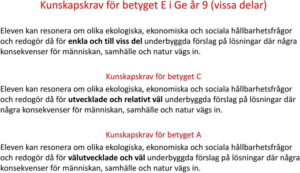 Kunskapskrav för betyget C Eleven kan resonera om olika ekologiska, ekonomiska och sociala hållbarhetsfrågor och redogör då för utvecklade och relativt väl underbyggda  Kunskapskrav för betyget